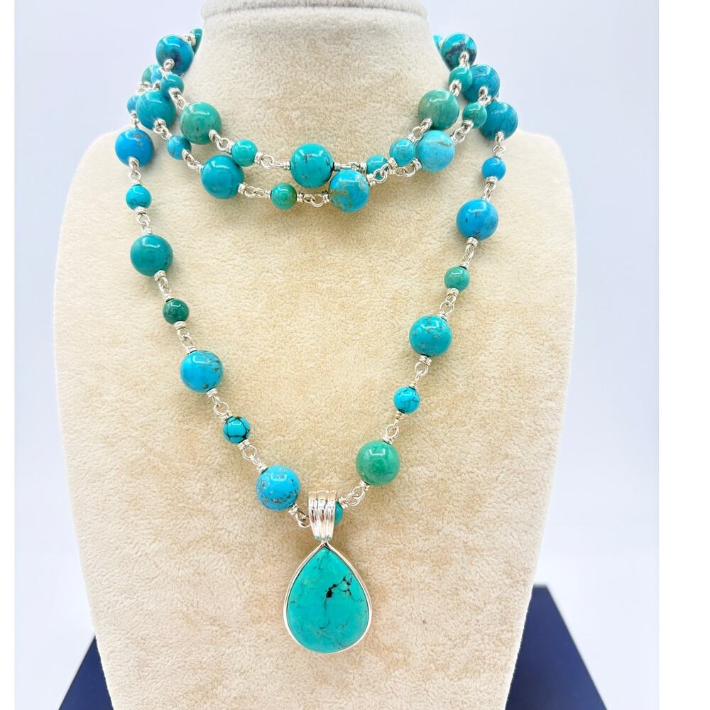 Sterling Silver Turquoise Necklace • Genuine Turquoise Pendant and Beads, 35"